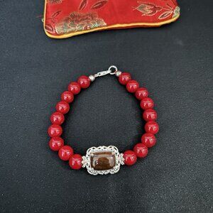 Dioy 925 Red Beaded Bracelet And Brown Gemstone With Chines Red Jewelry Pouch